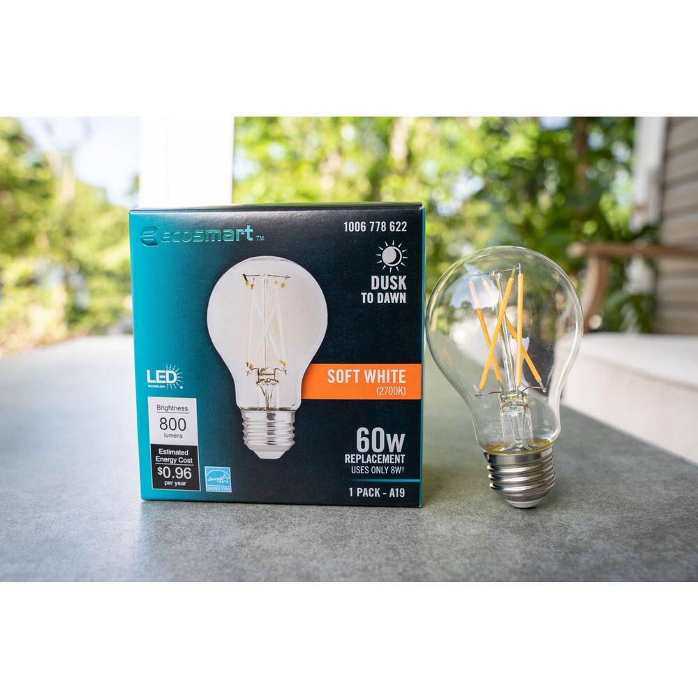 EcoSmart 60-Watt Equivalent A19 Dimmable CEC Dusk to Dawn Clear Glass Filament LED Light Bulb Soft White 11CFA1960WDTD01