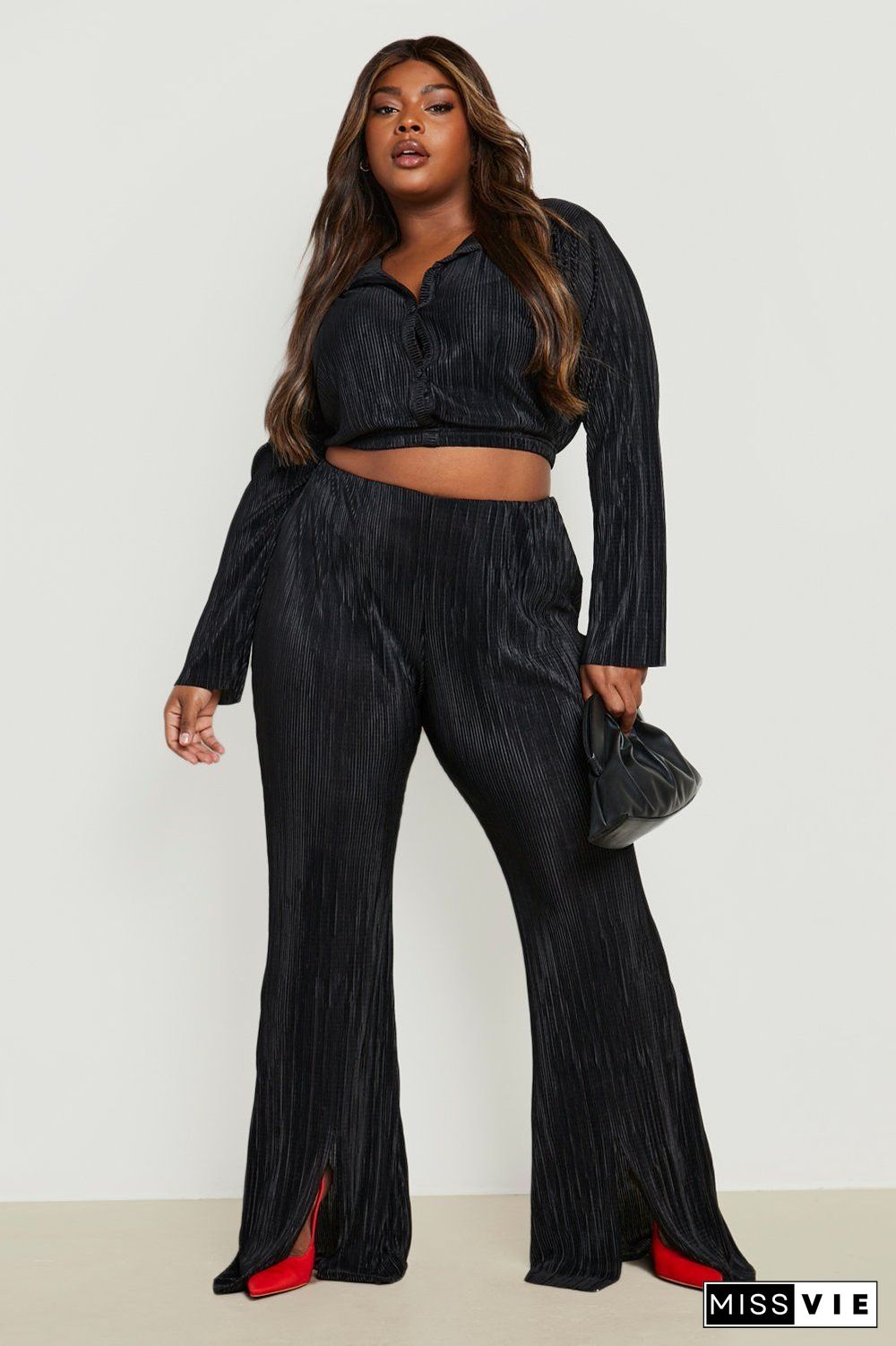 Long Sleeve Button Crop Top Pleated Wide-Leg Pants Set