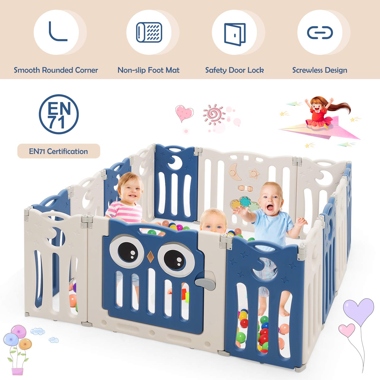 Costzon Foldable Baby Playpen, 14-Panel Baby Fence with Lock Door