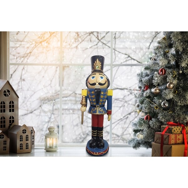 Fraser Hill Farm 3Ft. Nutcracker Toy Soldier Holding a Staff，Resin Statue w/ LED Lights，Indoor or Outdoor Christmas Decor