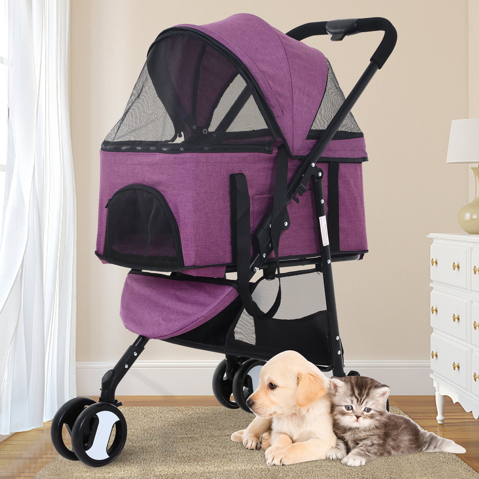 3 Wheels Dog Stroller Foldable Pet Stroller Cat Stroller with Storage Basket， 3-in-1 Lightweight Puppy Stroller for Travel (Purple)