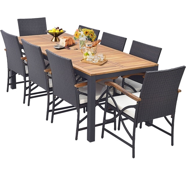 Costway 9 PCS Patio Rattan Dining Set with Acacia Wood Table，