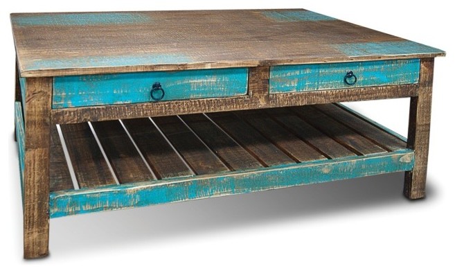 Rustic Distressed Solid Wood Coffee Table With Drawers   Beach Style   Coffee Tables   by Crafters and Weavers  Houzz