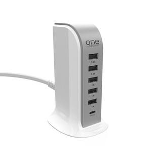 ProMounts 5 USB-A 1 USB-C Power HubCharging Station Flat Plug With 5 Ft. Cord Modern Slim Charging USB Tower OPT061