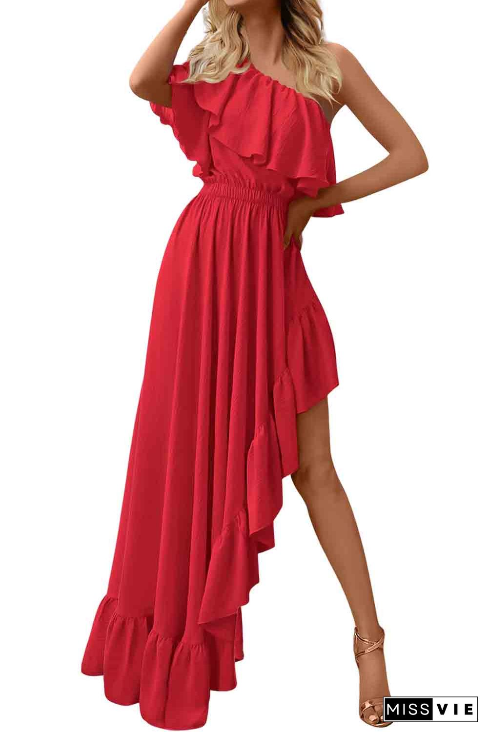 Red One Shoulder Ruffle High Low Maxi Dress