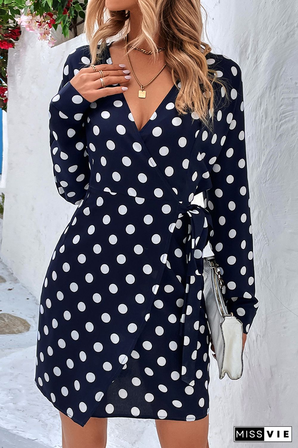 Navy Spot Print Wrap V Neck Side Sash Long Sleeves Dress