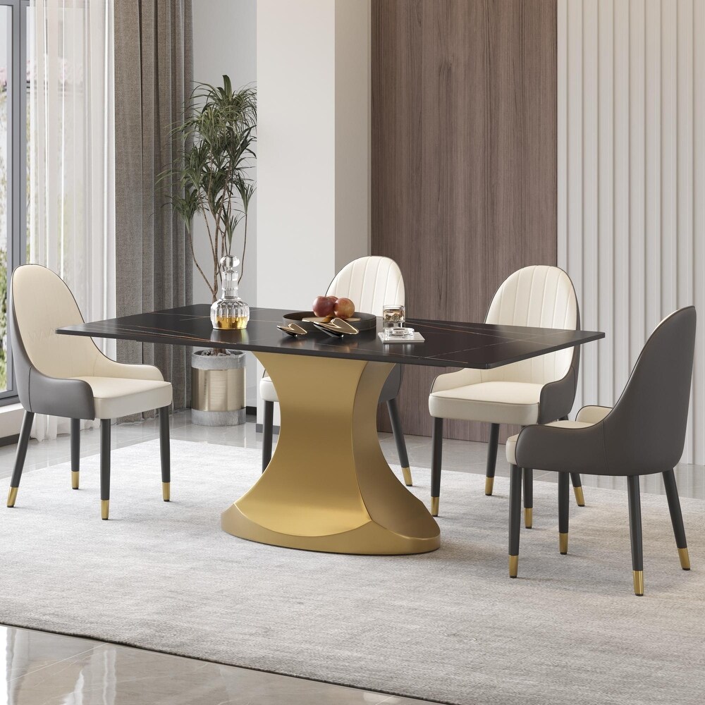 Rectangular Dining Table  Faux Marble Kitchen Dining Table with Gold Pedestal.