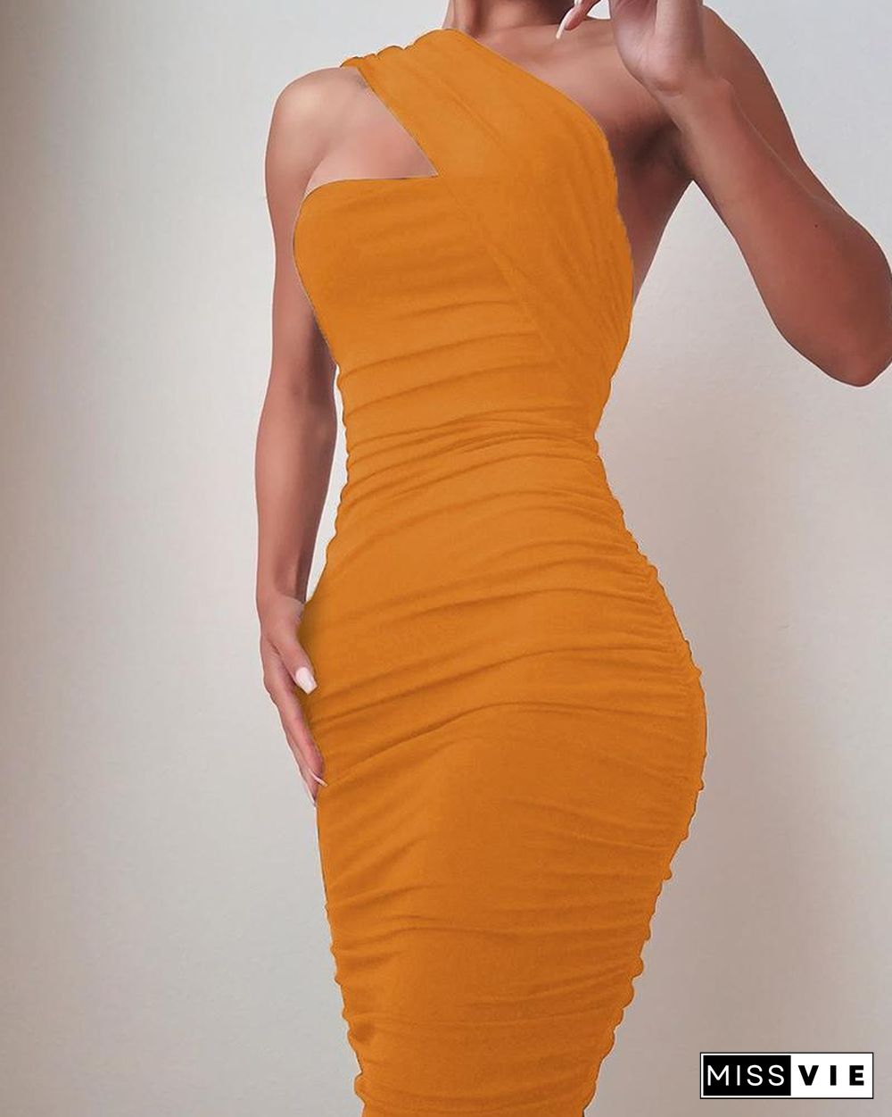 One Shoulder Sleeveless Ruched Bodycon Dress P13767