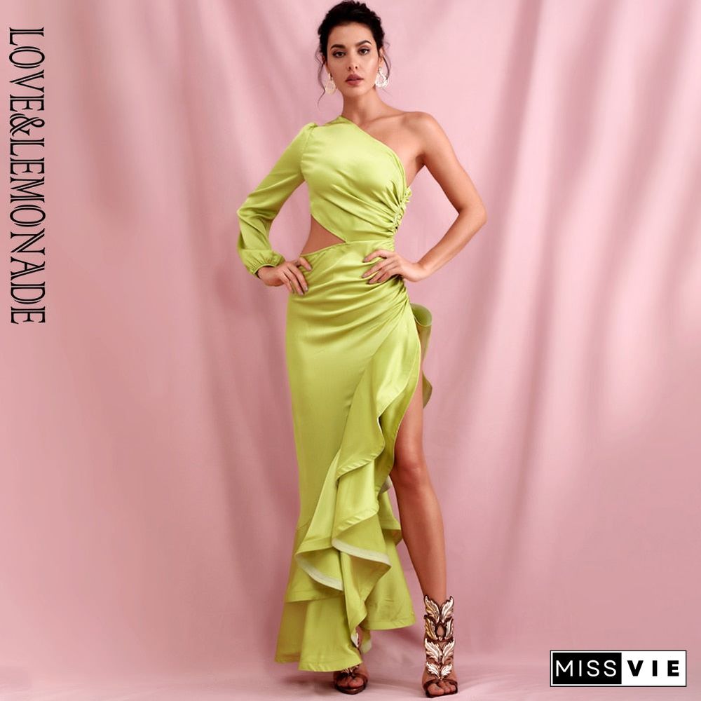 Sexy Green Off-Shoulder Side Whit Split Cut Out Ruffled Long Sleeve Maxi Dress LM82202-1