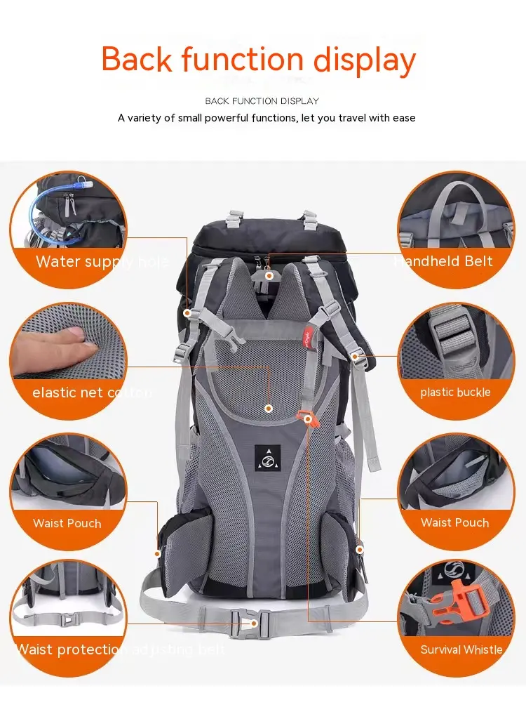 Hot men and women's new outdoor hiking bag 60L camping hiking backpack to send rain cover