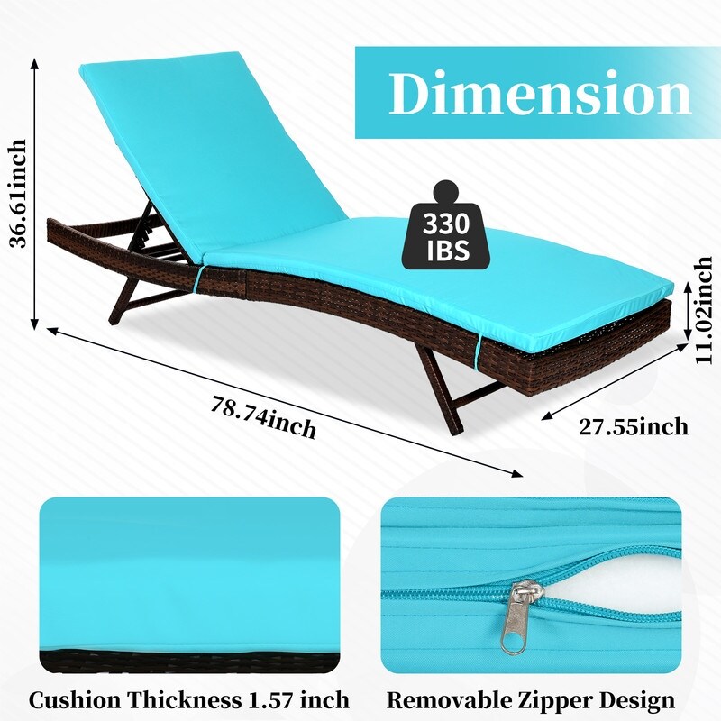 YUKOOL  weather Wicker Patio Lounge Chaise with Removable Thick Cushion Lounge Chair with 5 position Adjustable Backrest