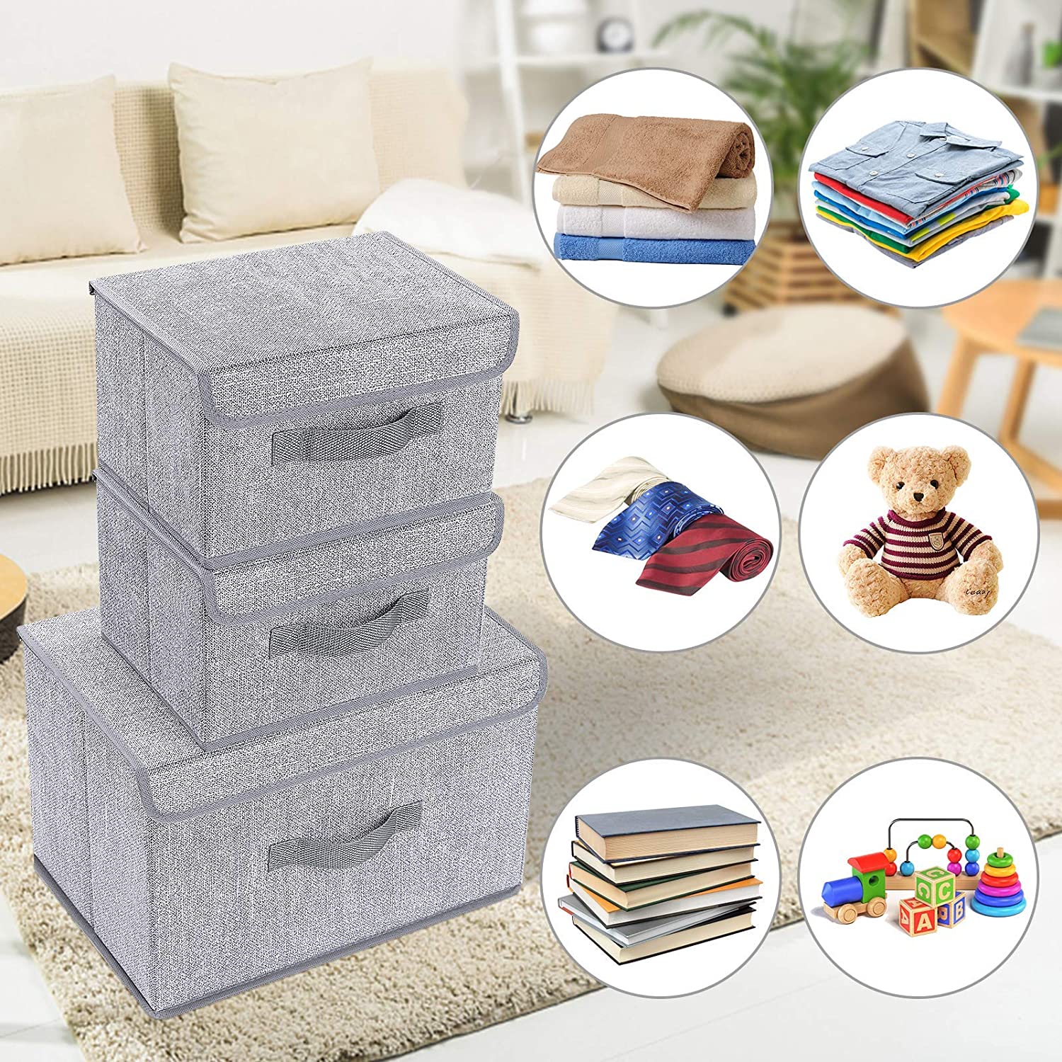 DIMJ  Fabric Stackable Storage Bins Clothes Organizer with Lids, 3 PCS , Foldable Storage Basket Bins with Reinforced Handle, Collapsible Closet Storage Box for Clothes and Toys （Gray）