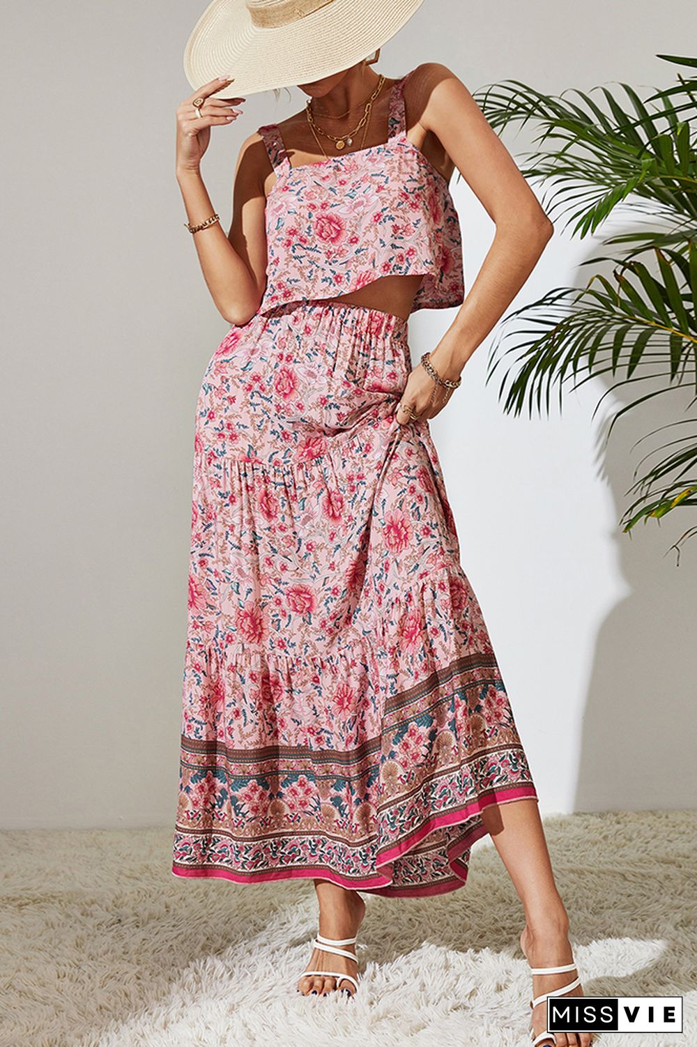 Pink Floral Sleeveless Top and Tiered Skirt Set