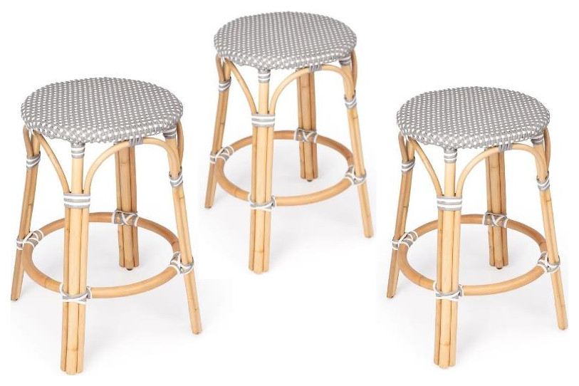 Home Square 3 Piece Rattan Counter Stool Set in Gray and White   Tropical   Outdoor Bar Stools And Counter Stools   by Homesquare  Houzz