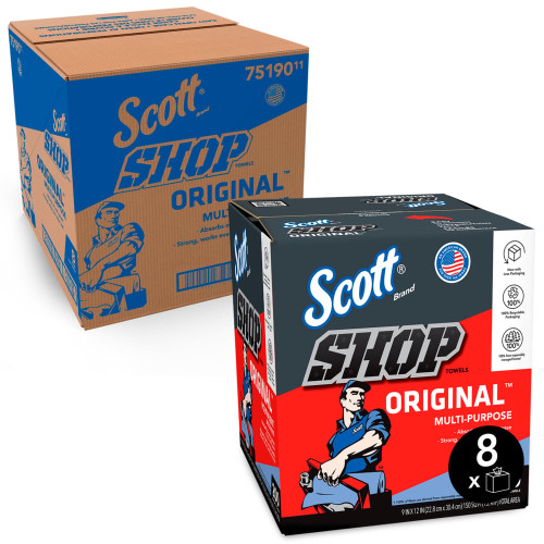 Scott Shop Towels， POP-UP Box， 1-Ply， 9 x 12， Blue， 200/Box， 8 Boxes/Carton (75190)