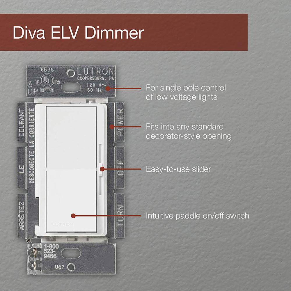 Lutron Diva Dimmer Switch for Electronic Low Voltage 300-WattSingle-Pole Snow (DVSCELV-300P-SW) DVSCELV-300P-SW