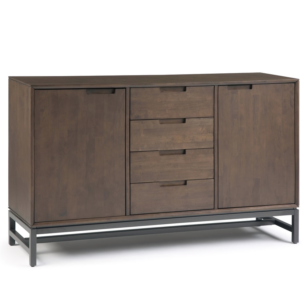 WYNDENHALL Devlin SOLID HARDWOOD and Metal 60 inchWideRectangle Industrial Sideboard with Centre Drawers in Walnut Brown