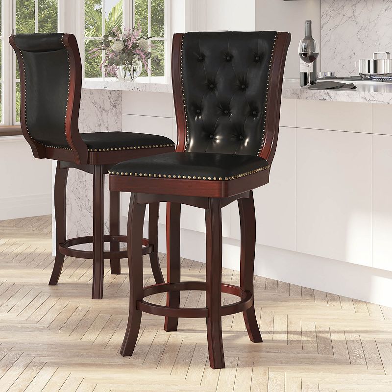 Merrick Lane Mirco Series Wood Stool in with Button Tufted Faux Leather Seat and Back and Footrest