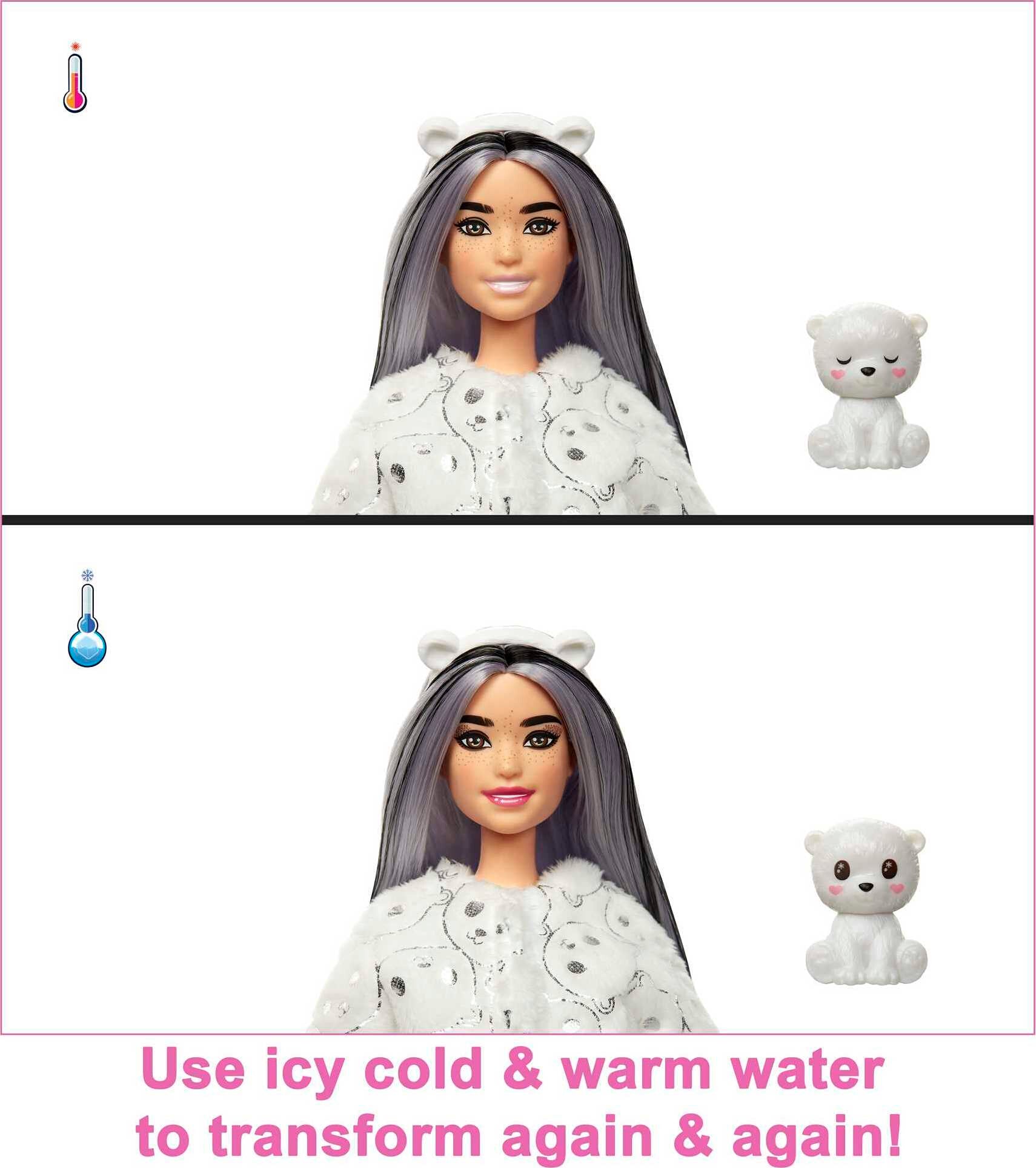 Barbie Cutie Reveal Snowflake Sparkle Fashion Doll, Polar Bear Plush Costume, Mini Pet & Accessories