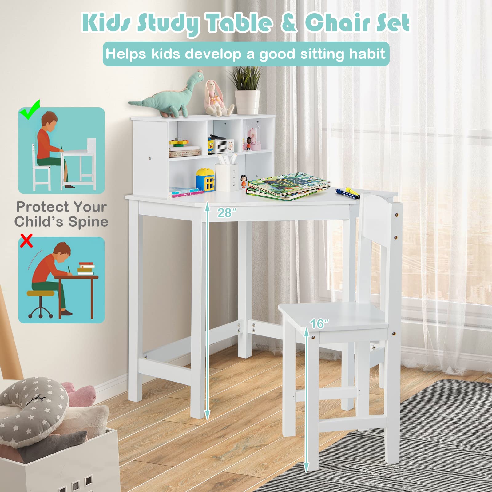 Costzon Kids Desk and Chair Set, Wooden Kids Study Corner Table with Hutch & Bookshelf for Small Space