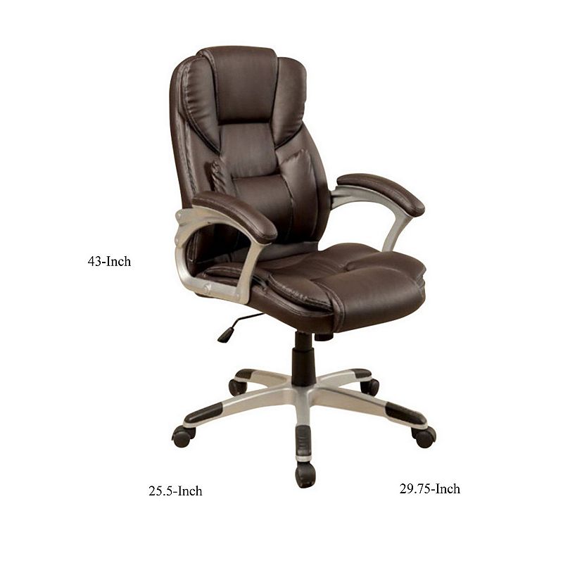 Leatherette Metal Frame Swivel Office Chair with Armrests， Brown