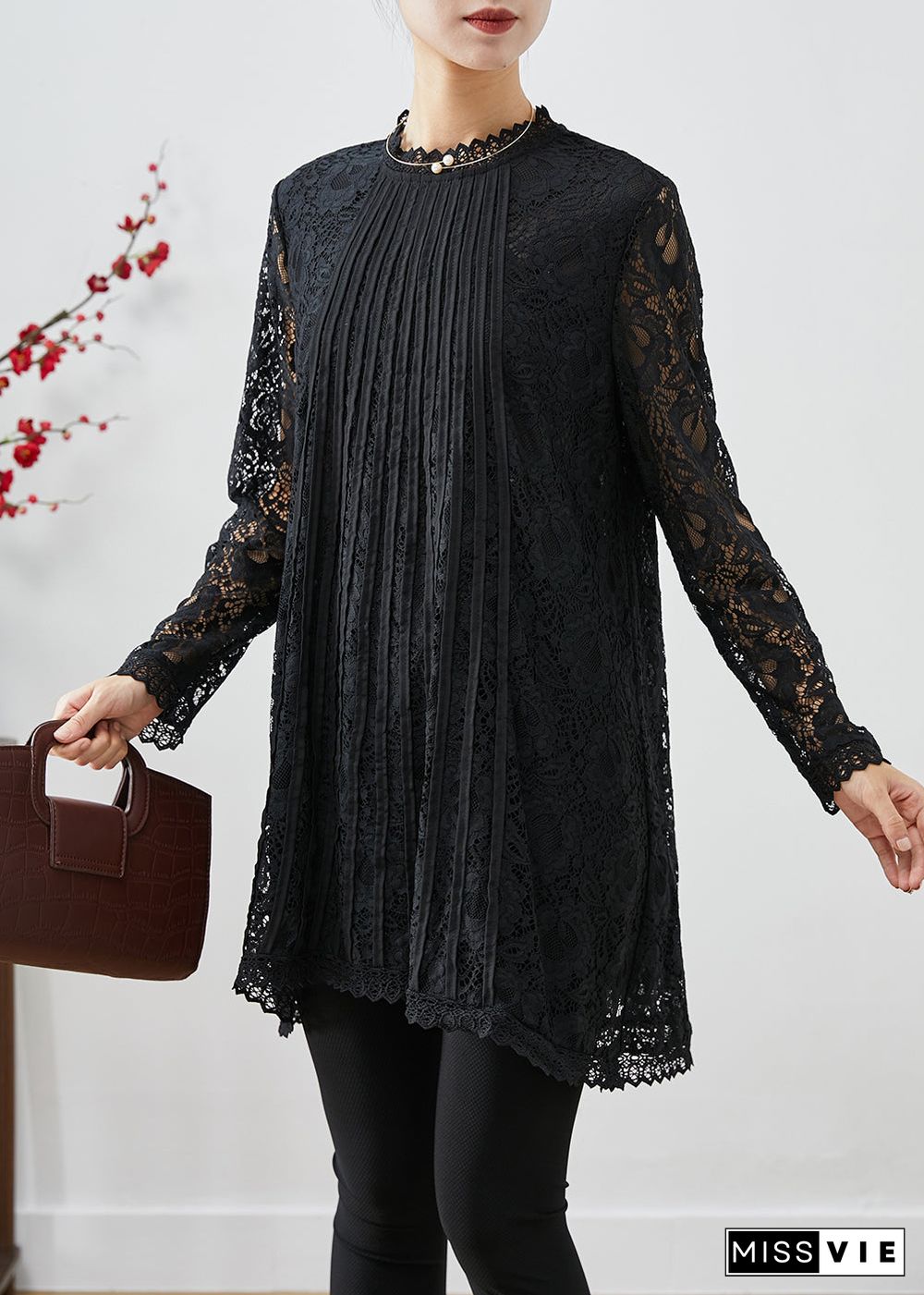 Modern Black Hollow Out Lace Shirt Tops Fall