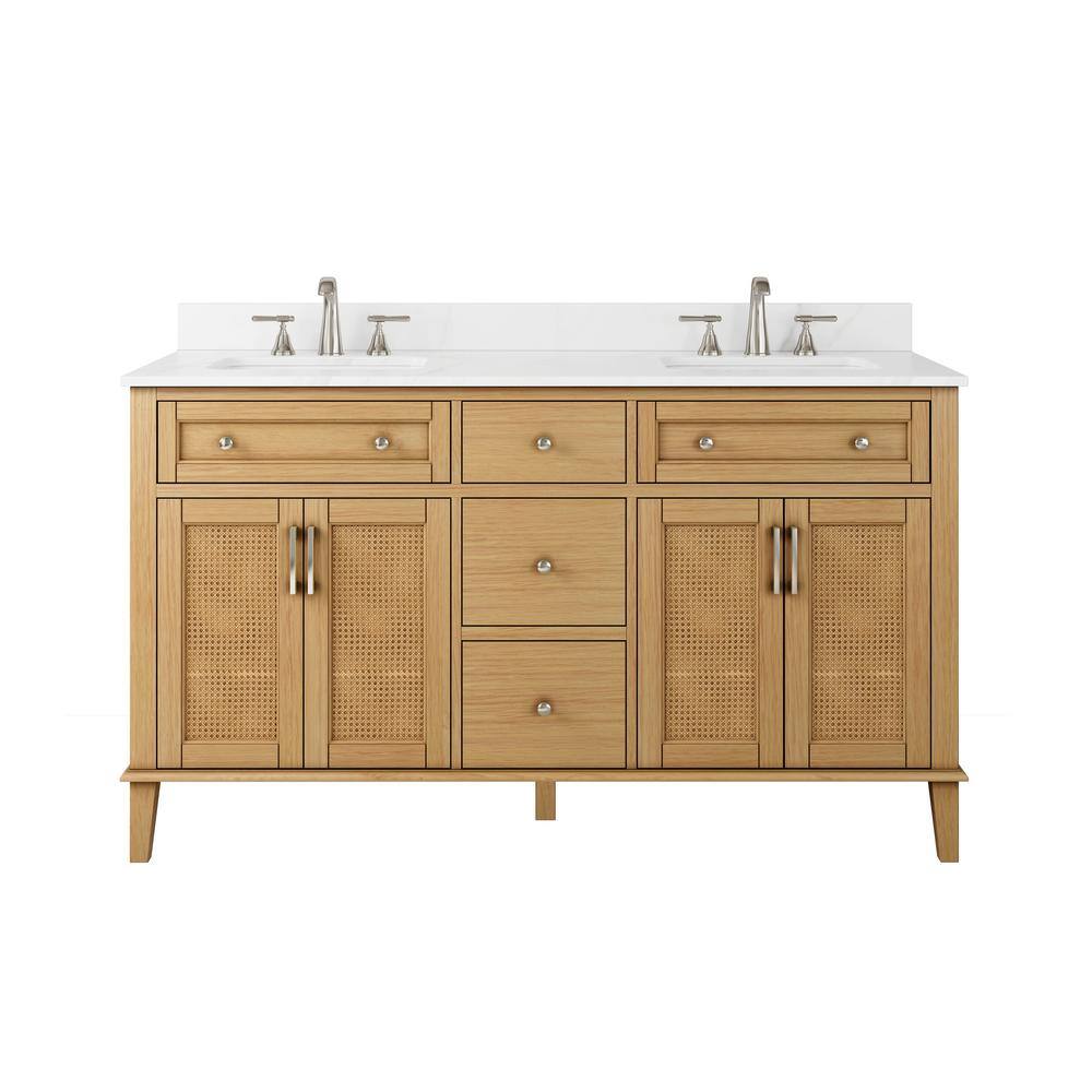 Home Decorators Collection 60in. W x 22 in. D x 34.5 in. H Double Vanity in Natural Oak with Engineered Carrara Marble Top and White Sinks TJ-0237V6022BE