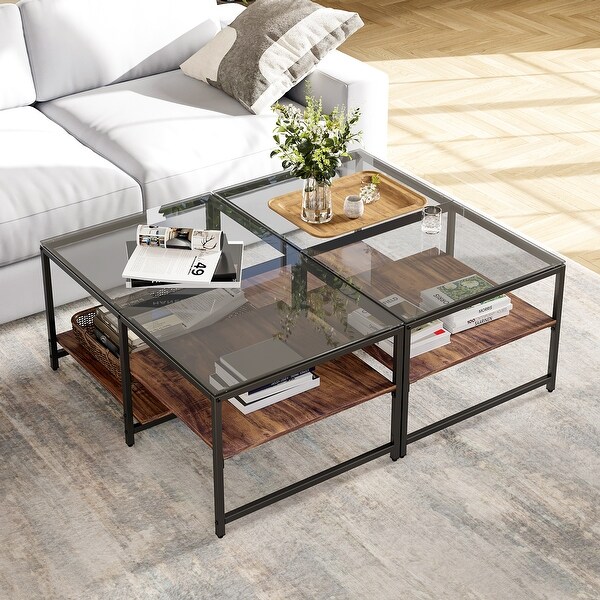 Farmhouse Glass Coffee Table with Storage， Metal Wood - 39.3 x 23.6 x 17.7