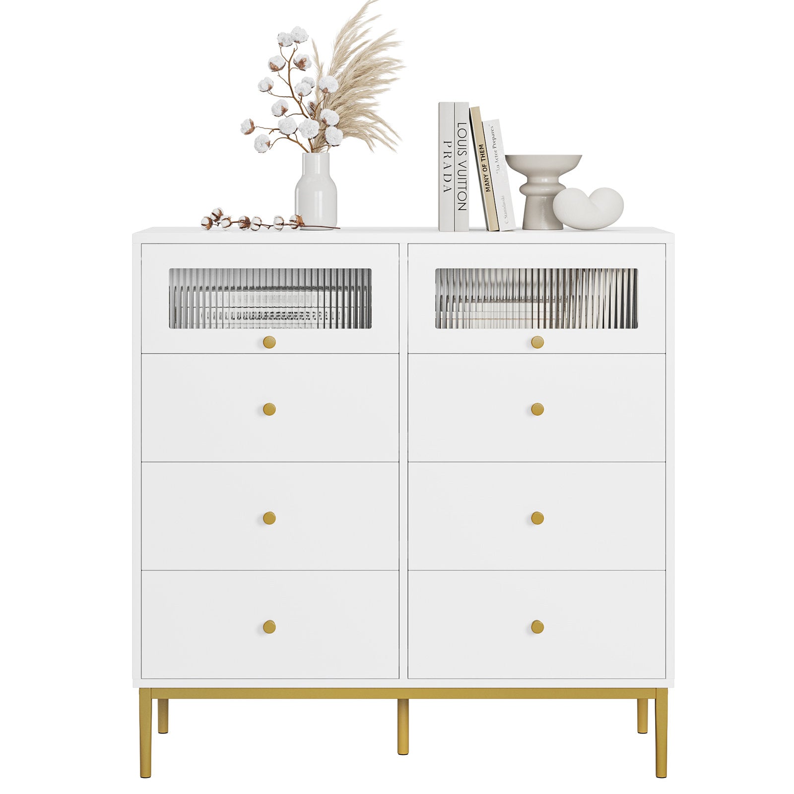 Homfa Double Dresser with 6 Drawers, Storage Cabinet with 2 Glass Doors, White