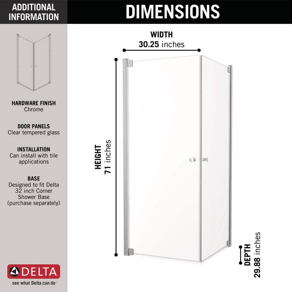 Delta Foundations 32 in. W x 71 in. H Square Corner Pivot Semi Frameless Corner Shower Enclosure in Chrome with Clear Glass B114306-3232-PC