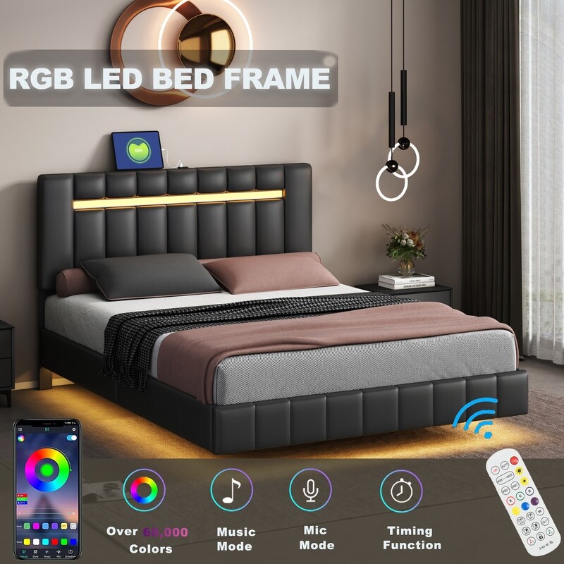 PU Upholstered Platform Bed with LED Lights and USB Charging Queen Size