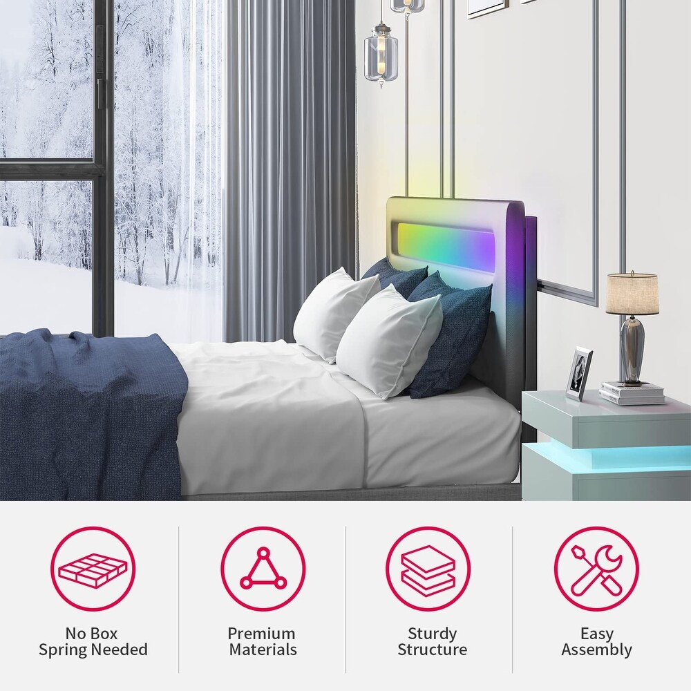 Mixoy Platform Bed Frame with Smart RGB LED Light Strip Bed Frame with Adjustable Headboard  Compatible with Alexa   App