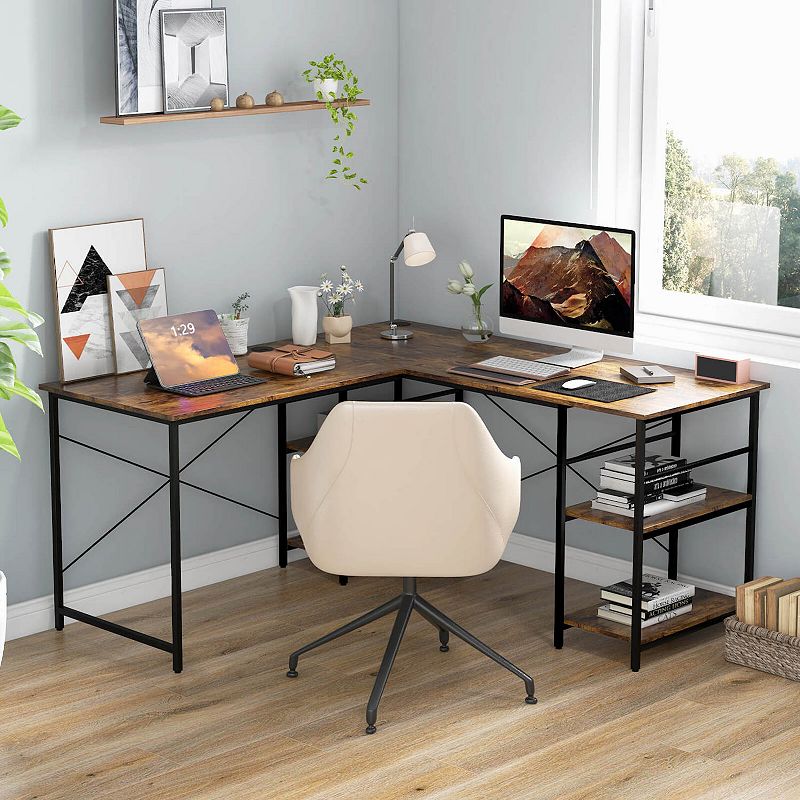 L Shaped Computer Desk with 4 Storage Shelves and Cable Holes