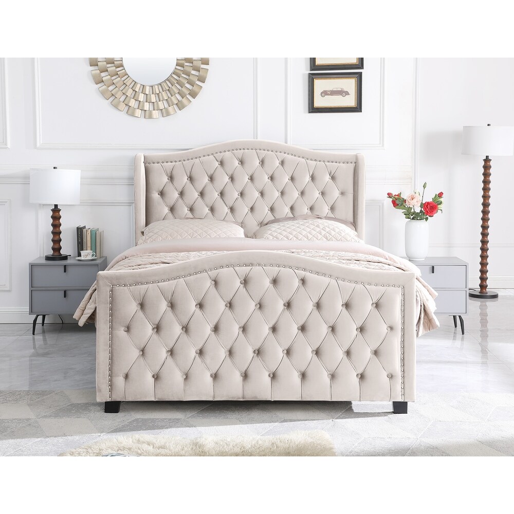 Velvet Tufted Upholstered Wingback Platform Bed Frame with Headboard and Footboard