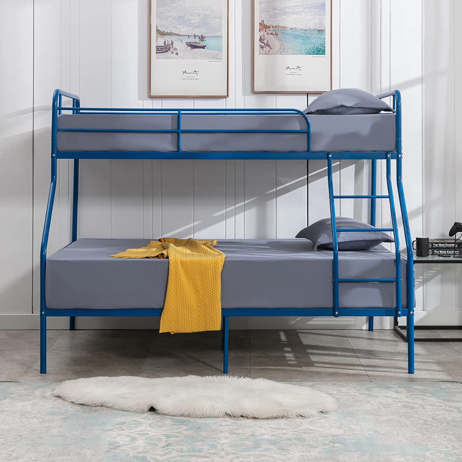 cuoote Heavy Duty Bunk Bed, Metal Twin Bunk Beds for Kids w/Ladder and Guardrail, Space-Saving Design, No Box Spring Needed, Navy Blue