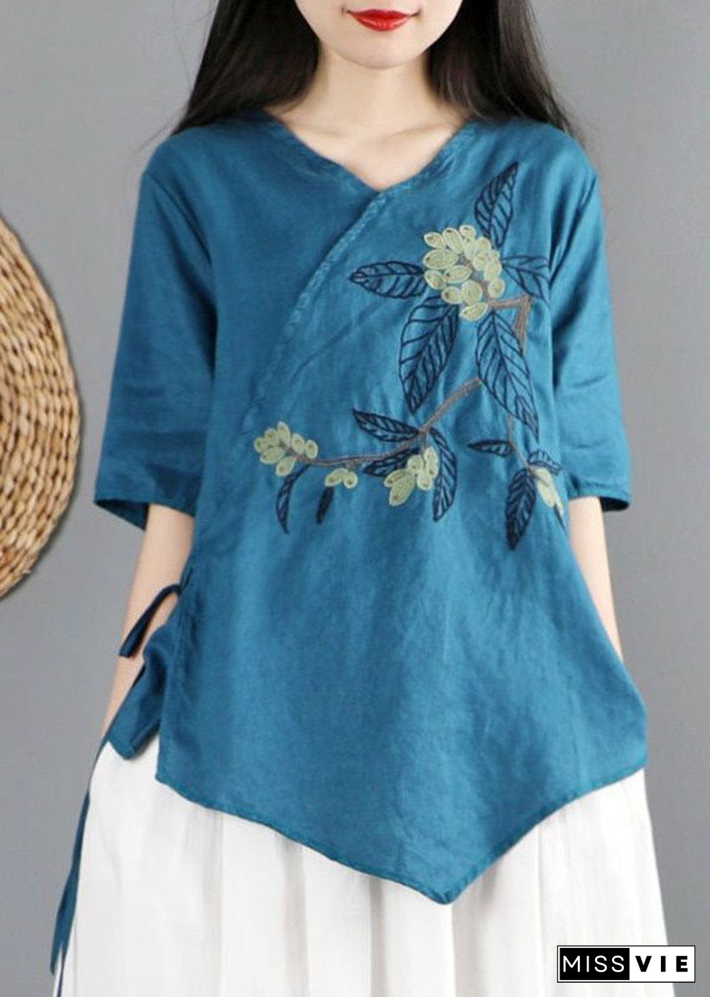 Peacock Blue Cotton Shirt Tops V Neck Tie Waist Short Sleeve