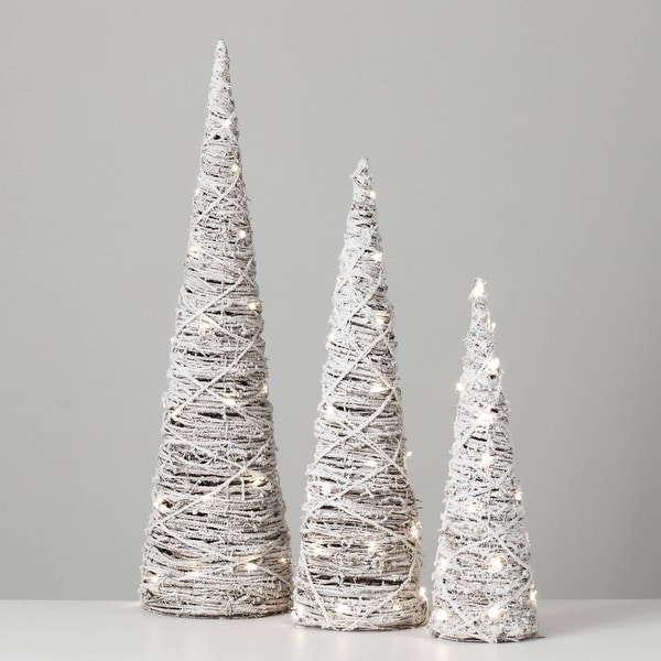 39H，31H and 24H Sullivans Christmas Lighted Frosted Cone Trees Set of 3，White