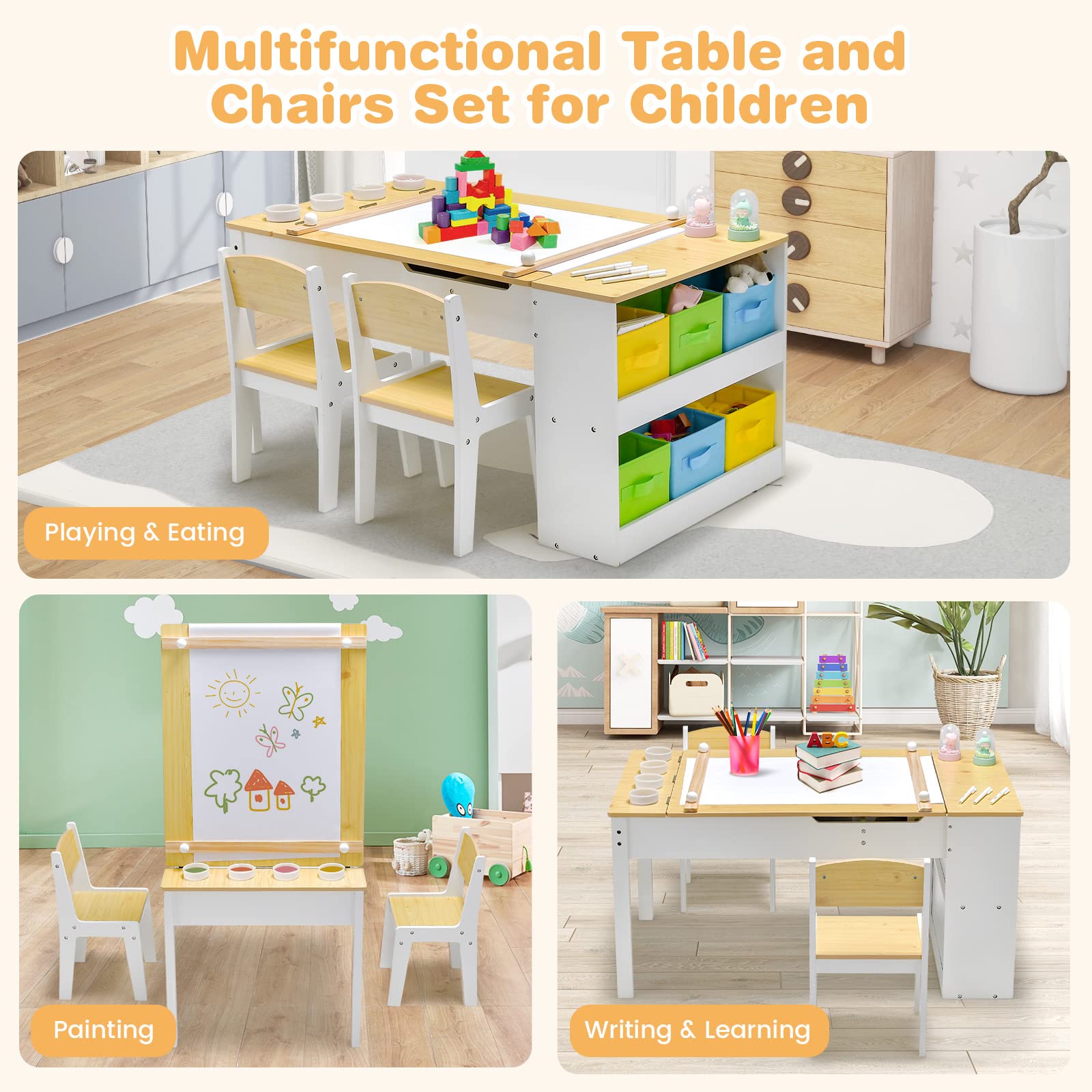 Costzon 2 in 1 Kids Table and Chair Set, Wood Art Table & Easel Set with 2 Chairs, 6 Storage Bins, Paper Rolle (Natural)