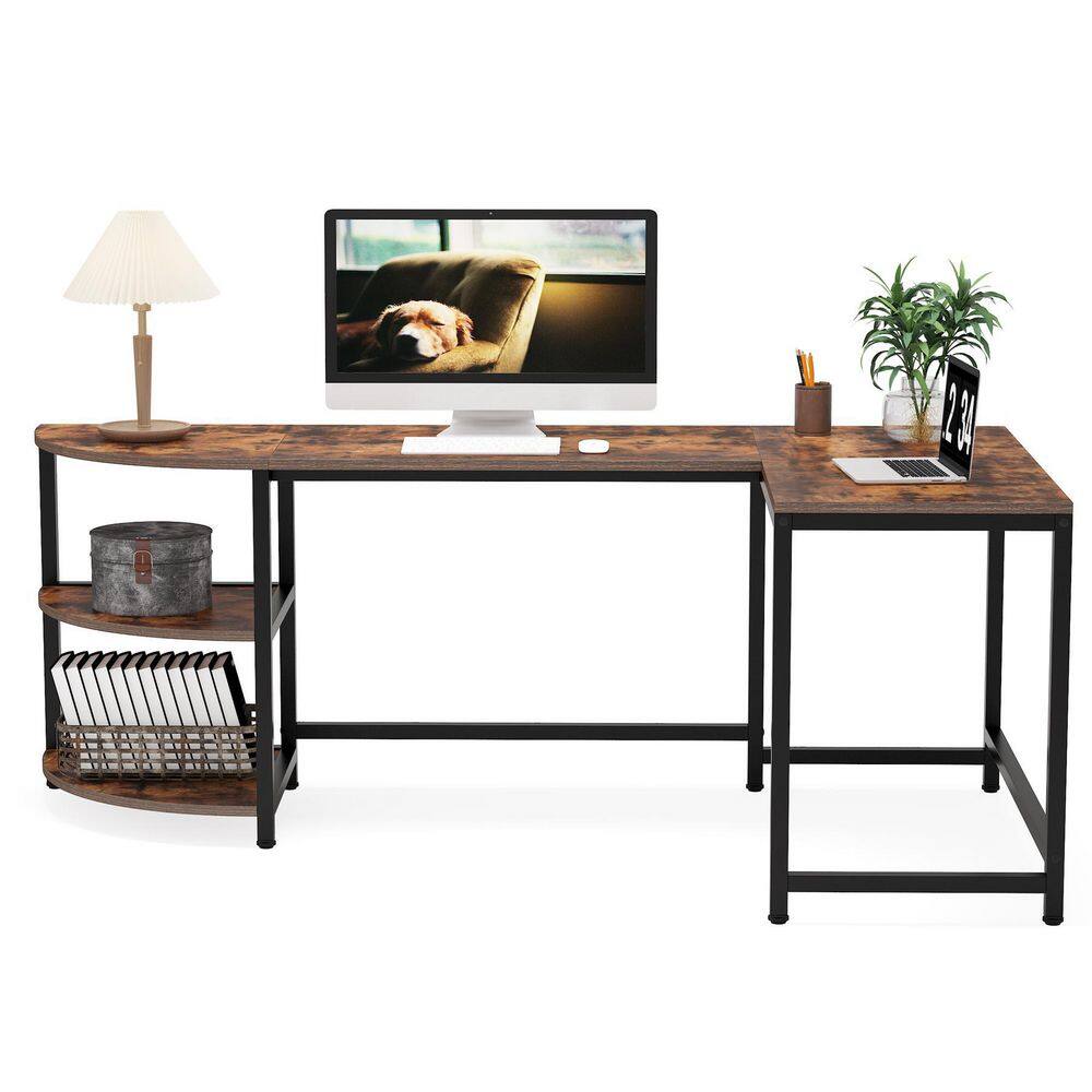 TRIBESIGNS WAY TO ORIGIN Halseey 74.8 in. W L-Shaped Brown Corner Computer Reversible Writing Studying Reading Desk 3 Tier Storage Shelves HD-CJ063-WZZ