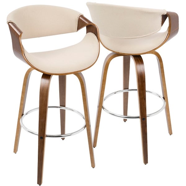 Curvini Mid-Century Barstool in Walnut Wood and Cream Fabric， Set of 2 - 20.25