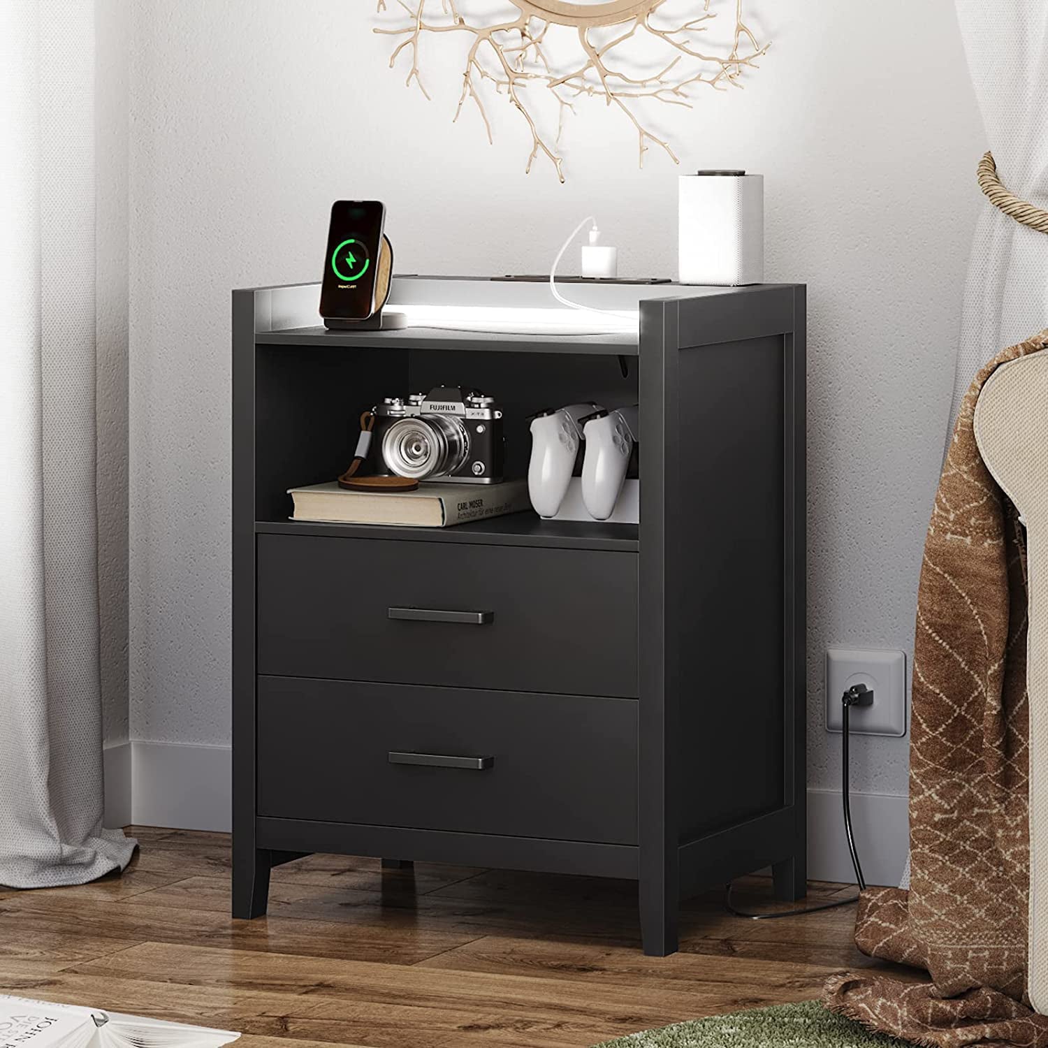 Black Nightstands for Bedroom with LED Light and Charging Station, 2 Drawers Bedside Table