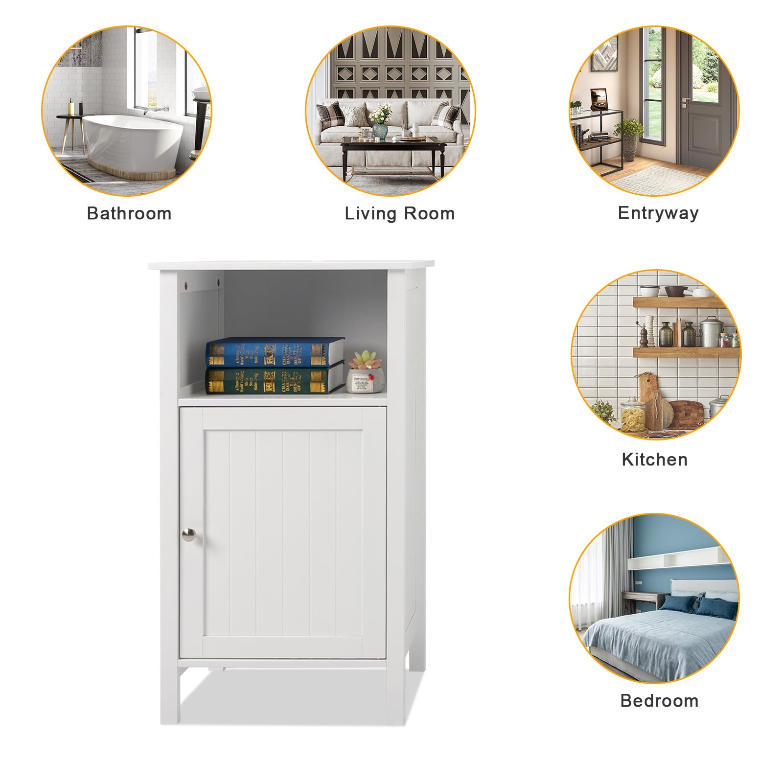 Ktaxon Wooden Bathroom Floor Cabinet, Freestanding Storage Cabinet with Cupboard and Open Shelf for Home, White