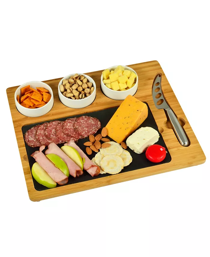 Picnic At Ascot Deluxe Bamboo Slate Cheese Board 3 Bowls Multifunction Knife