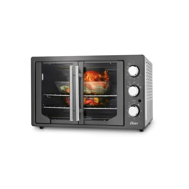 Oster 31160840 Extra Large Single Door Pull French Door Turbo Convection Toaster Oven with 2 Removable Baking Racks， Metallic and Charcoal