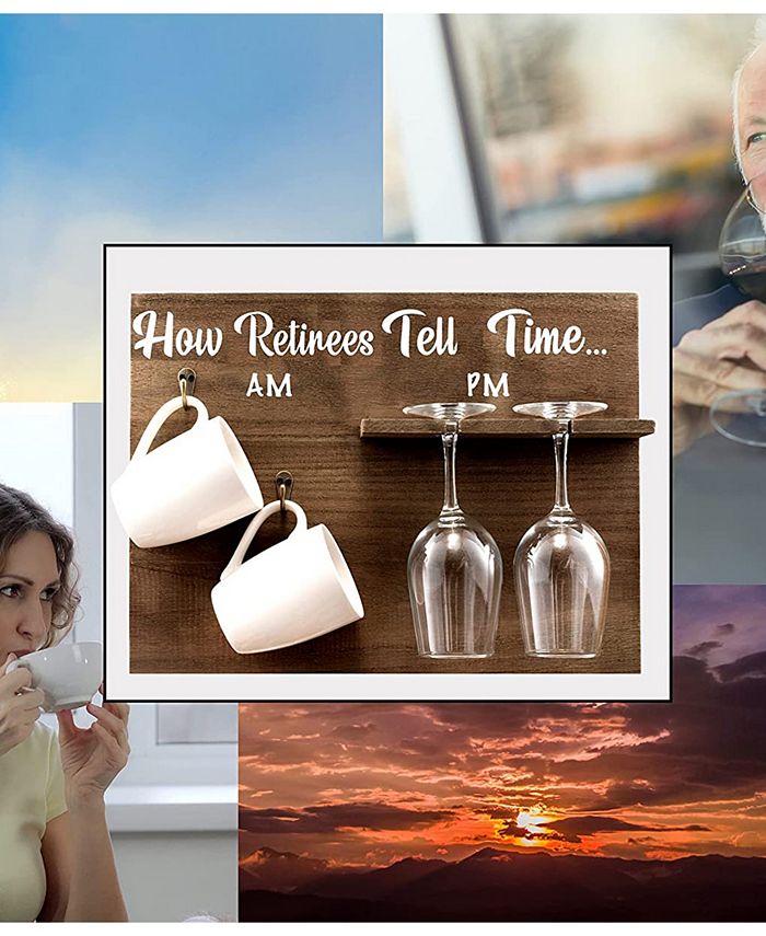 Bezrat How Retirees Tell Time Wall Mounted Wine Rack with Wine Glasses and Coffee Mugs， Set of 5