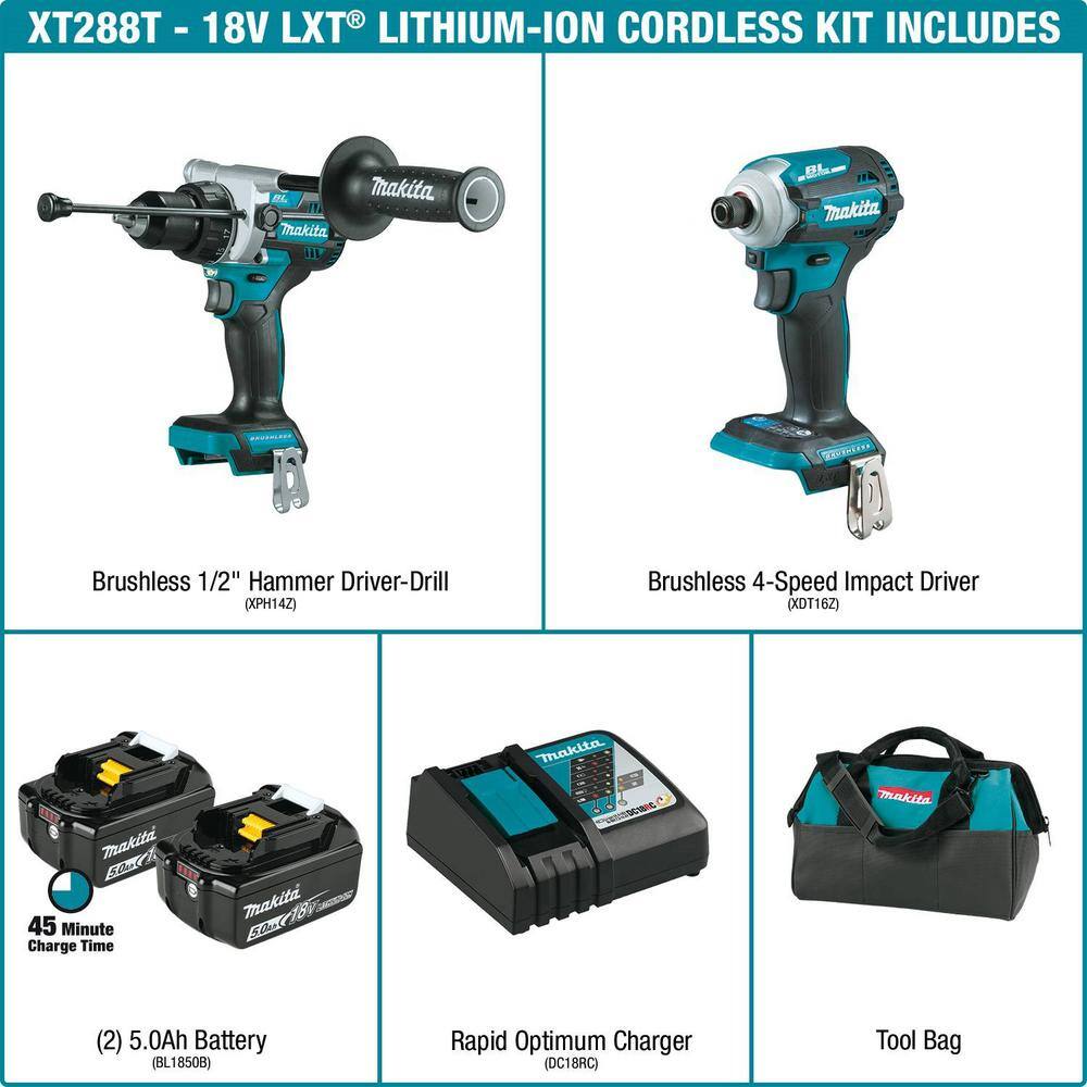 Makita 18V LXT Lithium-Ion Brushless Cordless Combo Kit 5.0 Ah (2-Piece) XT288T