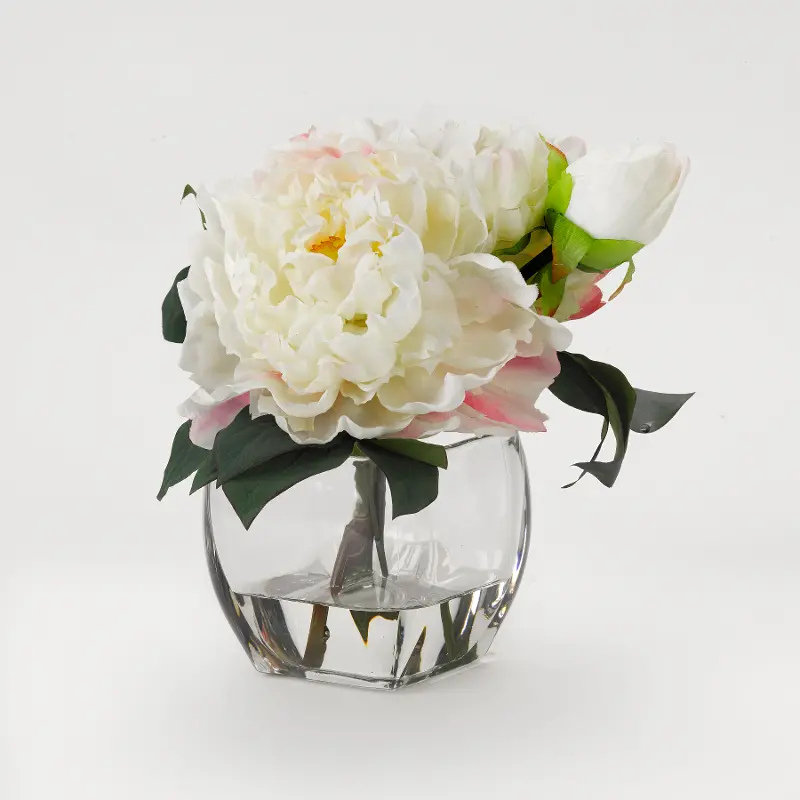 Faux White Peony Arrangement in Glass Cube