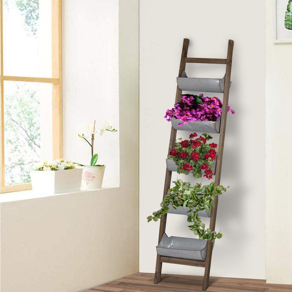 Benjara 71 in. H Uniquely Designed Wooden Reed Ladder Planter (5-Tiered) BM148588