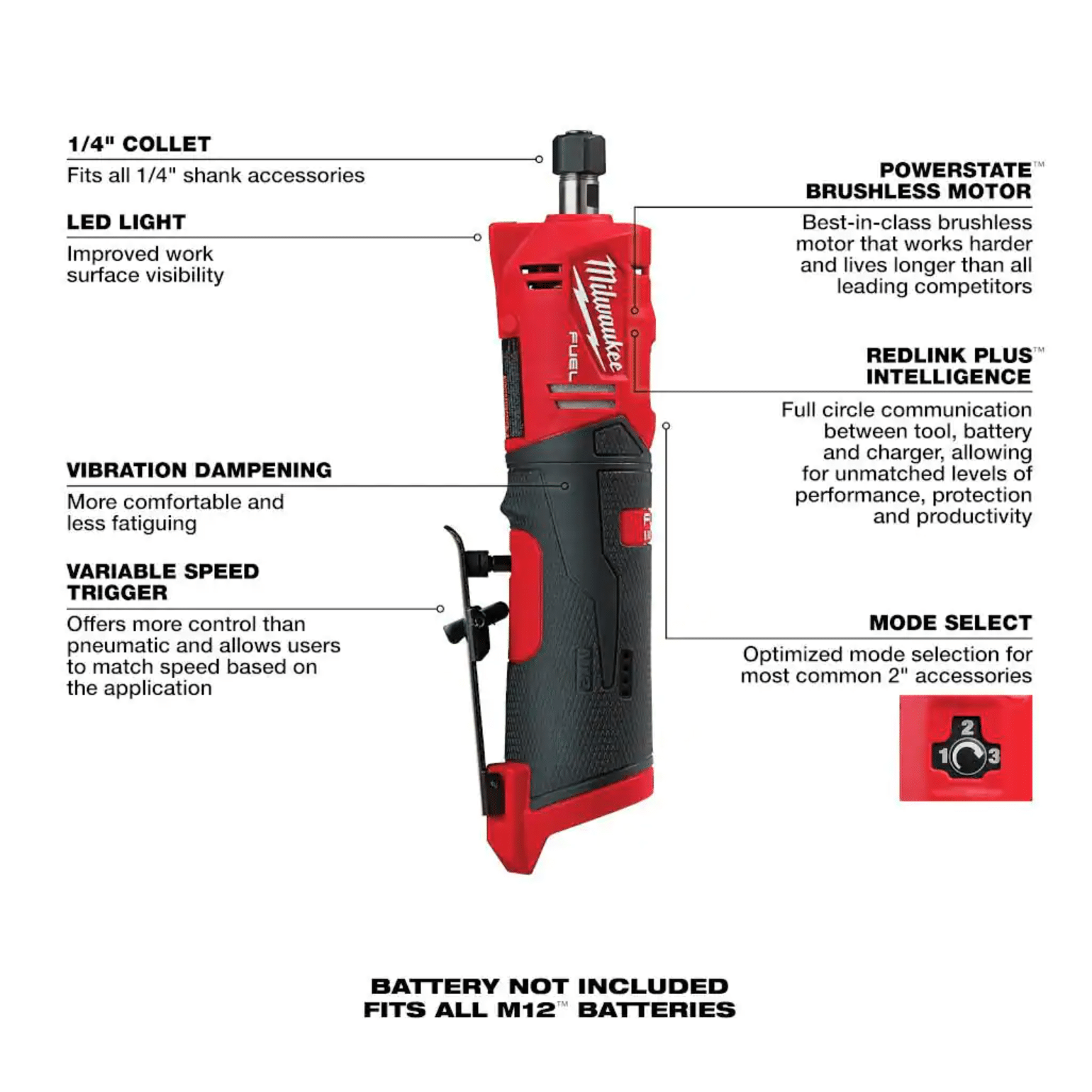 Milwaukee M12 Fuel 12V Lithium-Ion Brushless Cordless 1/4 in. Right Angle and Straight Die Grinder Kit， Tool-Only (2485-20-2486-20)