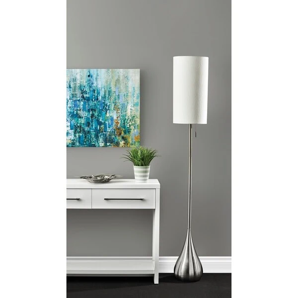 Porch and Den Atlanta Brushed Steel/ White Shade Teardrop Base Floor Lamp